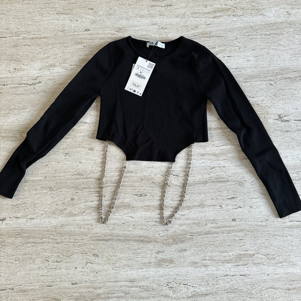 Zara open back black long sleeve with diamond chain detailing